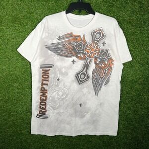 Redemption Mens Winged Cross Graphic T-Shirt White Large Y2K Grunge Tee